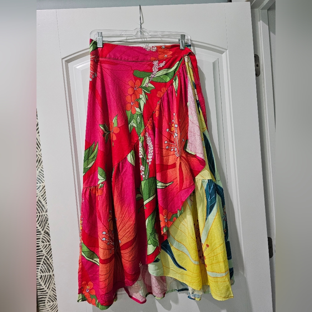 FARM Rio Red and Green Asymmetrical A-Line Midi Skirt